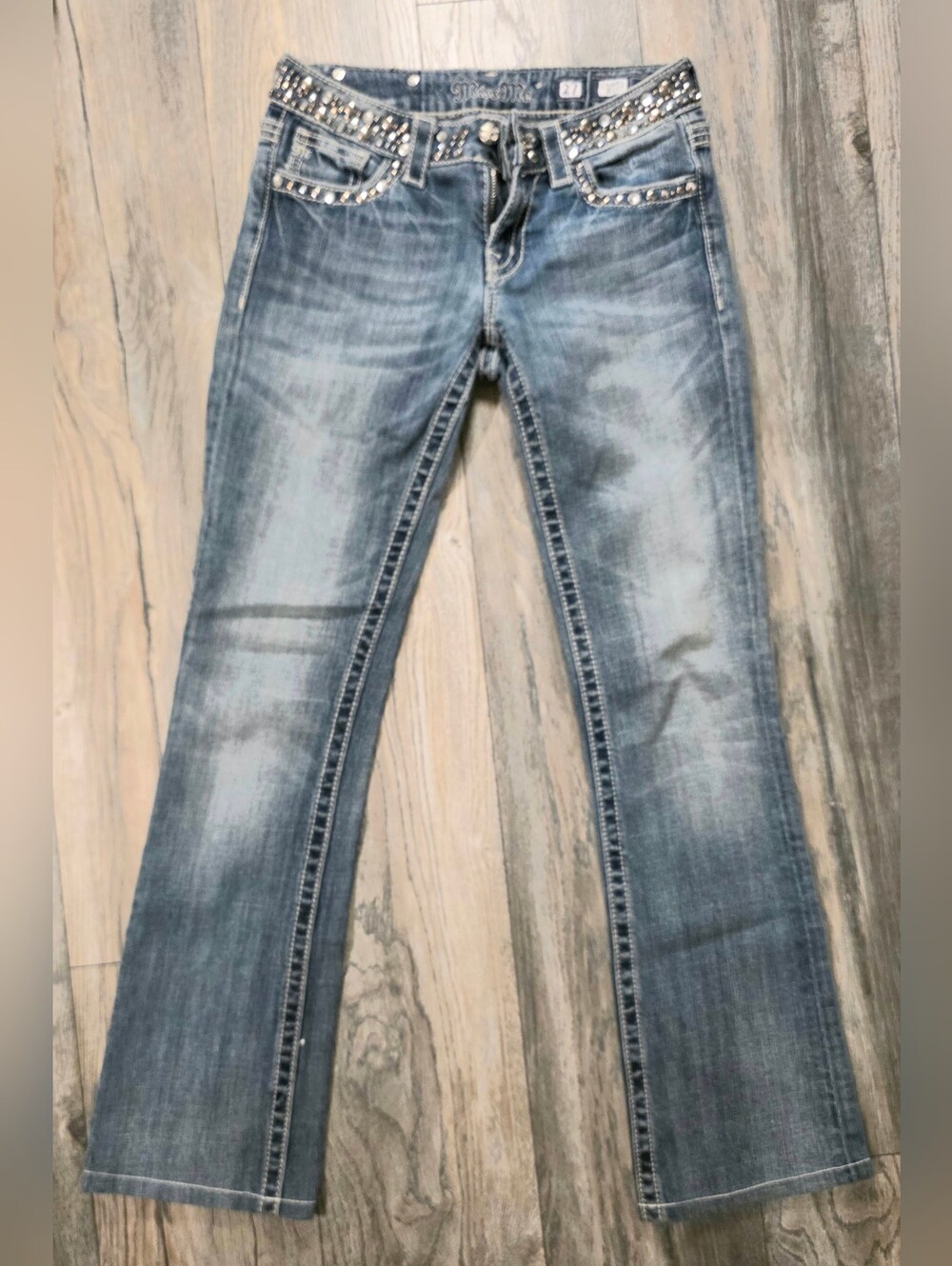 Miss Me Light Blue Flare Jeans with Waist Embellishment